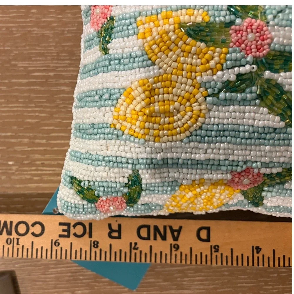 Style Happy Beaded Lemon Floral Striped Decorative Throw Pillow Blue Yellow NWT